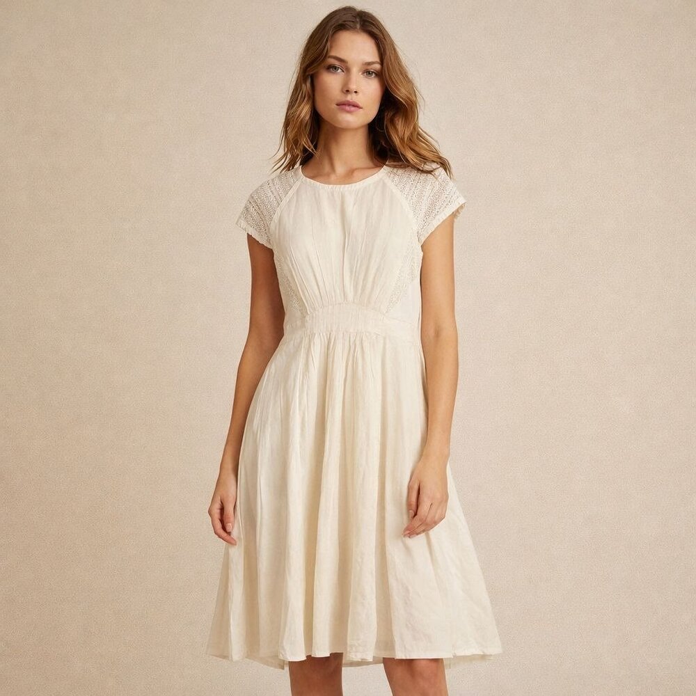 REISS Ivory Cream Silk Overlay Crochet Sleeve Skater Dress Womens US 4